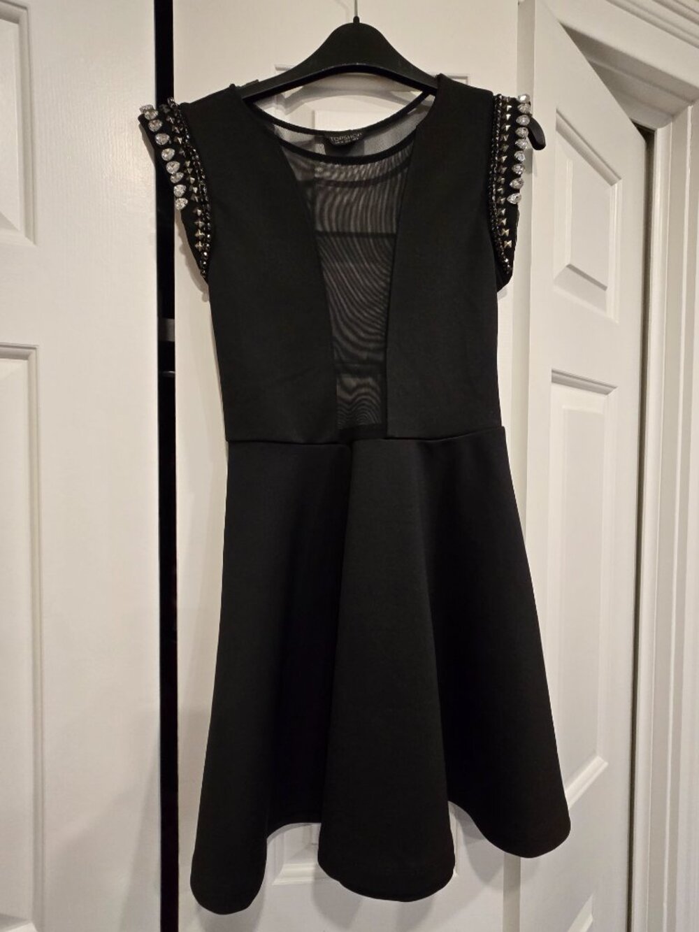 Topshop Sleeveless Black Dress With Mesh Front and Back and Diamante Size 4